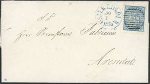1. 4 skilling våpen 1855, anert med riststempel og ved siden stemplet "Öster Riisøer 30.3.1855". Merket med meget gode marger.