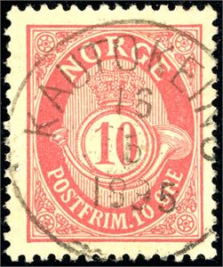 57. 10 øre fintagget Centraltrykkeriet, rettvendt fullstemplet "Kautokeino 16.5.1895".