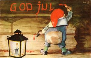 Julekort. Nisse som maler. Sign M-31 Mauritz Hansen