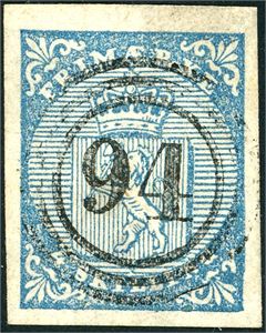 1. 4 skilling våpen 1855, anert med nummerstempel "94" (Grue, HE, 5 pkt). God marg oppe, de øvrige er normale. Attest Aune.