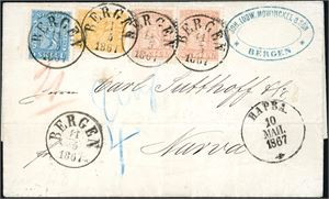6,8,9. 22 skillings porto til Russland. 2 skill-, 4 skill- og to 8 skill Våpen på brev til Narva, stemplet "Bergen 11.5.1867". Ankomststemplet "Narva 10.5.1867" ved siden (Posten gikk rimelig fort den gangen). Baksiden er stemplet "Sandøsund 16.5.1867" samt har ankomstempel.