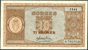 To stk 10 kr 1945, serie A. Hhv. nr 7069546 og 47. 01