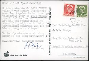 Greenland. 10 øre- and 25 øre Chr X on postcard, canceleld "Sor. Strømfjord 8.4.55" and sent with SAS DC6B to Los Angeles.
