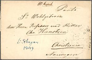 Brevomslag, sendt ubetalt fra St. Petersburg til Christiania i 1849. Påskrevet "10 Kopek" (Russisk porto) i øvre kant på forsiden. Stemplet "St. Petersburg 20 Aug. 1849" og "Stockholm 10 Sept. 49" på baksiden.