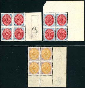 6 By,6 B,8. 3 c print 9 in two blocks of four including pos. 50 and one block of four of the 7 c (print 2). Both cornerblocks are unmounted mint, the other have all 4 stamps hinged.