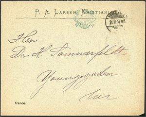5 øre Uchermans frankeringsavtrykk på konvolutt, stemplet "Kristiania 21.2.04" og sendt lokalt.