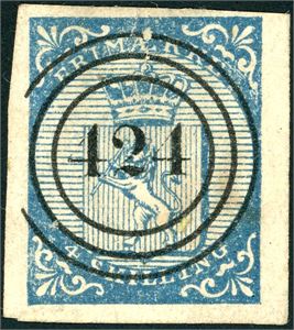 4 skilling våpen 1855. Falskt merke med falsk nummerstempel "424". Tre greie marger, litt smal oppe.