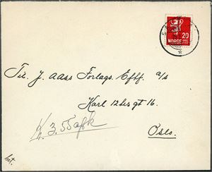 20 øre Løve på konvolutt, annullert med hjelpestempel "Saltdalen 25.2.41" (NO).