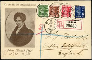 172/75. Abel i komplett serie på dekorativ konvolutt, sendt rekommandert til England, stemplet "Oslo 6.4.29". Ankomststempel "Birmgingham" på baksiden. (5.200,-).