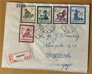 NEDERLAND-ESPERANTOBREV Mi 565-69 på brev til Haugesund stemplet "BOSKOOP 19.II.51". Ankomststempel "HAUGESUND 22-2-51"