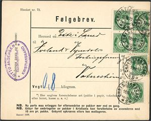76,99. Seks stk 5 øre Posthorn på følgebrev. Fem 5 øre fintagget Knudsen og en 5 øre fra 1909 serien på følgebrev, stemplet "Christianssand 19.4.10". For sistnevnte merke er dette en dato som er før Frimerkeforvalteren overleverte merket til Posten.