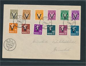 FDC V-MERKER ØREVERDIER 15-8-41 sendt til Grimstad Filatelistklubb (Hk 7200)