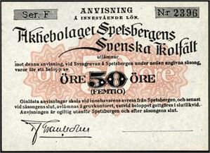 50 øre Aktiebolaget Spetsbergens Svenska Kolfält 1923/24, serie F, nr. 2396. Blankett.