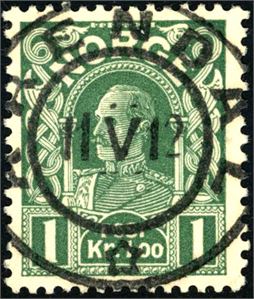 110 I. 1 kr Haakon, rettvendt stemplet "Arendal 11.5.12".