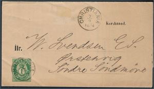 Nk 16Ib på pen liten Korsbånd st "Christiania 7-9-1874". Svak brett/bøy som også berører merket.