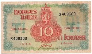 10 kroner 1944 X.409300. London Utg. Kv.1+