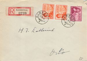 Rek. brev, BJØRKEDAL (TE/5 pkt) SA 12-6-47 på pent rek brev med NK 359 og 362 (2).