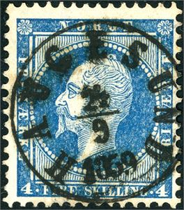 4. 4 skilling Oscar, pent fullstemplet "Haugesund 24.9.1859".
