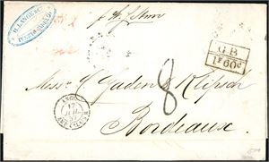 Complete letter from Puerto Cabello, Venezuela, to Bordeaux in 1867. "GB 1F 60c" postmark together with "Angl. Amb. Calais M 17 Juil 57" cds and postagenumber "8" (Decimes) on front, and on reverse"Porto-Cabello Ju 23 1857", "FP 17 Jy 17 1857" /British), "Paris A Bordeaux" and arriaval cds "Bordeauc 19 Juil 57".