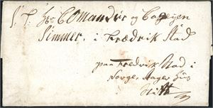 Komplett ubetalt brev, fra Svennevig, Grimstad i 1799. Sendt først feil til Fredrikstad i stedet for Fredriksværn, deretter feilsendt til Fristad, Arendal.