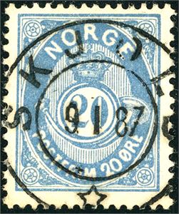 46 b. 20 øre 21 mm, rettvendt fullstemplet "Skjold 9.1.87".