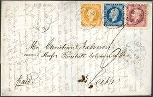 2,4,5. 14 skillings porto til Scotland. 2 skilling-, 4 skilling- og 8 skilling Oscar på komplett brev til Leith, stemplet "Mandal 13.6.1861". Ved siden stemplet "Hull Ship-letter Ju 18 61". Stempler fra "Leeds" og "Edinburgh" på baksiden. Konvolutten mangler en klaff.