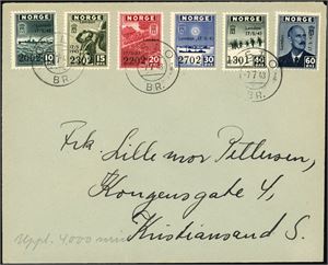 333/38. Londonmerkene med overtrykk i komplett serie på konvolutt, stemplet "Oslo Br. 7.7.43".