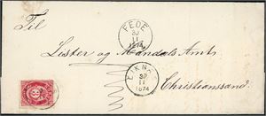 18. 3 skilling Posthorn på komplett brev, stemplet "Liknæs 30.11.1874" og ved siden transittstempel "Fede 30.11.1874". Merket med en kort hjørnetagg.