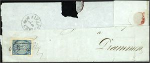 1. 4 skilling våpen 1855 på stor del av brevomslag, annullert med håndskrevet "Jernbanen 8/7-56". Merket med tre meget gode marger og normal i venstre side. Brevet er sendt til Drammen og har transittstempel "Christiania 9.7.1856" på baksiden. Attest FCM.