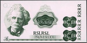 Maskinprøvetrykk. Grønt trykk på rosa papir (Kun trykk på en side). I følge Sivertsen/Norges Banks Seddeltrykkeri, ble den trykket hos Tumba, Sverige med klisjeer lånt fra Norges Bank.