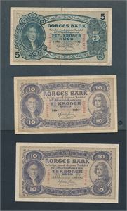 PENGESEDLER 5kr 1942 og 10kr 1939 og 1944. Oppgitt å være erstatningssedler. Nederste på bildet er ikke brettet, de andre velbrukte