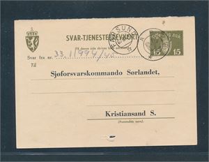 Svar-tjenestebrevkort stemplet kph "ÅPTA" sidestemplet "FARSUND 07-6 49" (Grad 7)