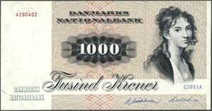 Danmark. 1000 kroner 1986, serie C3861A, nr 4260402. 0/01