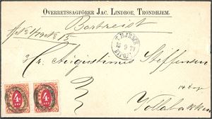 Trondhjem Bypost nr 18. To 4 øre orange/gul på konvolutt, annullert med ovalt stumt stempel, og ved siden stemplet "Thjems Bypost 13 .9.79" og sendt til Vollabakken i ytre sone. Et par tapemerker sees knapt.