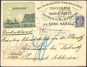 58. 20 øre fintagget Centraltrykkeriet på dekorativ Nordcap-konvolutt fra "S.S. Kong Harald", stemplet "Throndhjem", og sendt til Trebnitz, i Preussiske Schlesien. Konvolutten er underfrankert og påstemplet "T" samt "Fra Brevkassen" og "Utilstrækkelig frankeret". Ankomststemplet på baksiden. Konvolutten er ørlitte beklippet i øvre kant.