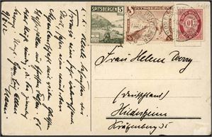 100,Spitsbergen E 21,E 23. 10 øre posthorn på postkort sammen med to Spitsbergen-etiketter, stemplet "Norlands Posteksp. D 10.8.12".
