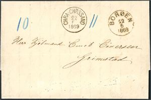 Ufrankert brev, stemplet "Borøen 22.6.1869" og "Chra-Chrssand 22.6.1869" og sendt til Grimstad.