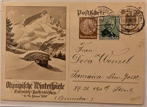 TYSKLAND-REICH, oppfrankert brevkort med motiv fra Vinter OL i 1936, stemplet "Oels" og sendt USA.
