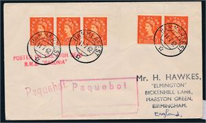 PAQUEBOT. 5 engelske merker st "Hammerfest 11 7 62" "Posted on the High seas R.M.S Caronia". Sent til England