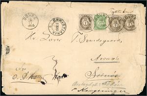 22,44. 15 øres innenlandsporto. Tre 1 øre skravert Posthorn sammen med en 12 øre mattgrønn, på trippelvektig trykksak (Forskuds-Billet pr. Cunard-Linjen), stemplet "Dovre 16.11.1885". Omslaget med anmerkninger.