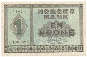 1 krone 1943 F.1835022. Kv.0