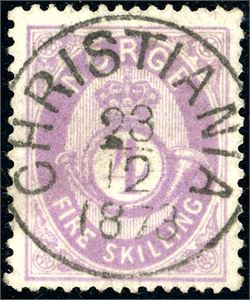 19 I. 4 skilling Posthorn, rettvendt fullstemplet "Christiania 23.12.1873". Ex Olafsen, Aune.