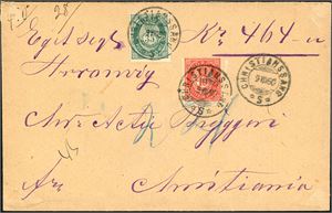 29 b,53 III. 35 øre skravert posthorn sammen med 10 øre 20 mm på bankokonvolutt (Kr 464,-), stemplet "Christianssand S 9.7.90".