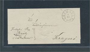 Prefrim svart "GRIMSTAD 1-10-1849". Portofritt strøkent brev