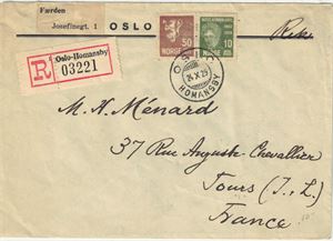 NK 153 og 172. REKbrev til Frankrike stemplet "Oslo Homansbyen" 24-10-1929.