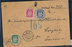 NK 99,100,103 på banco brev st "Breim 13 III 15" Sent til Lyngdal pr Farsund. Bla.a Chr.a - Bergen bak