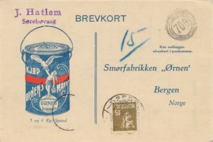 IV-706 - M/B KVAMSØY (3 pkt) Pent avtrykk på ufrankert brevkort fra J. Hatlem, Sørebøvaag, satt i porto med 15 øre stemplet BERGEN T TUR T 1932.