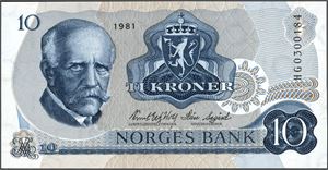 10 kroner 1981, serie HG 0300184. Erstatningsseddel. 0/01 *