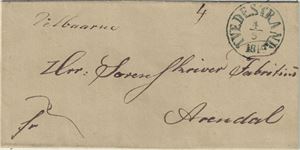PREFRIM Tvedestrand stemplet 1-5-1849 i grønnlig svart, sendt Arendal. Betalt brev.
