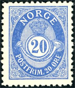 69. 20 øre grovtagget Knudsen. Postfrisk, men noe ujevnt lim fra produksjonen.(4.700,-)
